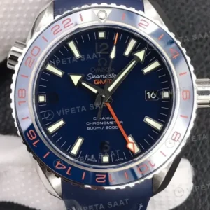 Omega 43.5 mm 215.30.44 Seamaster Planet Ocean Gmt Mavi Kadran Kaucuk Kordon Super Clone ETA Saat kırp kapak