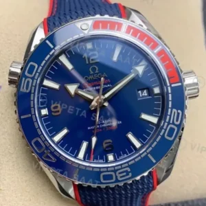 Omega 43.5 mm 215.30.44 Seamaster Planet Ocean Mavi Kadran Mavi Bezel Kaucuk Kordon Super Clone ETA Saat kırp kapak