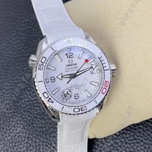 Omega 43.5 mm 215.30.44 Seamaster Planet Ocean Beyaz Kadran Beyaz Deri Kordon Super Clone ETA Saat kırp kapak