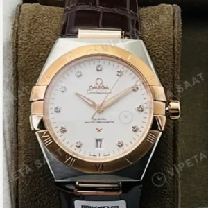 Omega 41 mm 131.20.41 Gmt Master Ii Constellation Beyaz Baget Kadran Rose Celik Kasa Kahverengi Deri Gumus Kadran Super Clone ETA Saat kırp kapak