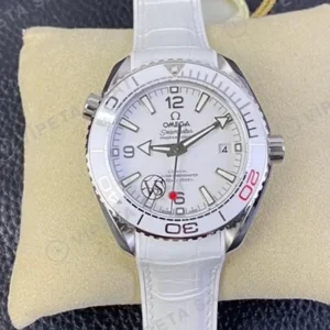 Omega 43.5 mm 215.30.44 Gmt Master Ii Seamaster Planet Ocean Gumus Kadran Beyaz Deri Kordon Super Clone ETA Saat kırp kapak