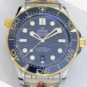 Omega 42 mm 210.30.42 Seamaster Diver 300m Mavi Kadran Mavi Bezel Celik Altin Kordon Super Clone ETA Saat kırp kapak