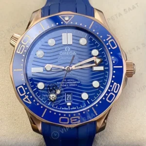 Omega 42 mm 210.30.42 Seamaster Diver 300m Rose Altin Kasa Mavi Seramik Bezel Mavi Kadran Mavi Kaucuk Kordon Super Clone ETA Saat kırp kapak
