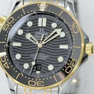 Omega 42 mm 210.30.42 Seamaster Diver 300m Gri Kadran Siyah Bezel Celik Altin Kordon Super Clone ETA Saat kırp kapak