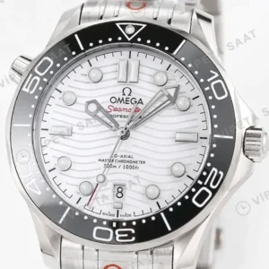 Omega 42 mm 210.30.42 Seamaster Diver 300m Beyaz Kadran Siyah Bezel Celik Kordon Super Clone ETA Saat kırp kapak