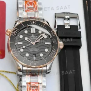 Omega 42 mm 210.30.42 Seamaster Diver 300m Gri Kadran Siyah Bezel Celik Rose Kordon Super Clone ETA Saat kırp kapak