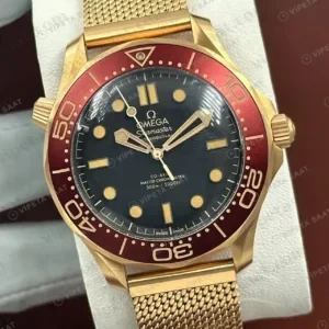 Omega 42 mm 210.30.42 Seamaster Diver 300m Siyah Kadran Kirmizi Bezel Altin Orgu Super Clone ETA Saat kırp kapak