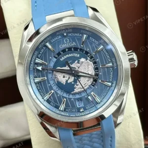 Omega 43 mm 220.10.43 Seamaster Aqua Terra Worldtimer Mavi Kadran Deri Super Clone ETA Saat kırp kapak