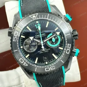 Omega 45.5 mm 215.92.46 Seamaster Planet Ocean Siyah Turkuaz Kronograf Kordon Super Clone ETA Saat kırp kapak