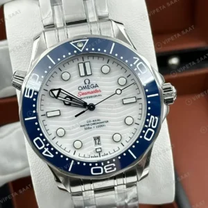 Omega 43.5 mm 215.30.44 Seamaster Planet Ocean Beyaz Kadran Mavi Bezel Celik Super Clone ETA Saat kırp kapak