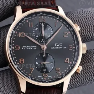 IWC Portugieser Chronograph Gri Kadran Rose Kasa Kahverengi Deri Kordon Super Clone ETA Saat kırp kapak