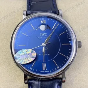 IWC Portofino Moonphase Mavi Kadran Celik Kasa Mavi Deri Kordon Super Clone ETA Saat kırp kapak