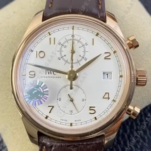 IWC Portugieser Chronograph Rose Kasa Beyaz Kadran Kahverengi Deri Kordon Super Clone ETA Saat kırp kapak