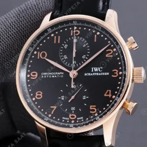 IWC Portugieser Chronograph Siyah Kadran Rose Kasa Siyah Deri Kordon Super Clone ETA Saat kırp kapak