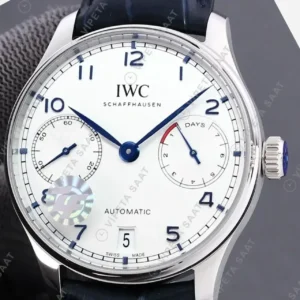 IWC Portugieser Otomatik 7 Gun Beyaz Kadran Mavi Deri Kordon Super Clone ETA Saat kırp kapak
