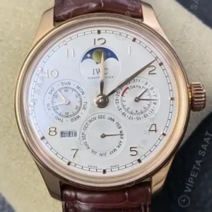IWC Portugieser Perpetual Calendar Beyaz Kadran Rose Kasa Kahverengi Deri Super Clone ETA Saat kırp kapak