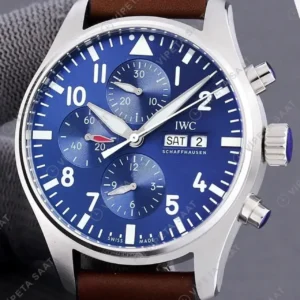 IWC Pilot Chronograph Mavi Kadran Kahverengi Deri Kordon Super Clone ETA Saat kırp kapak