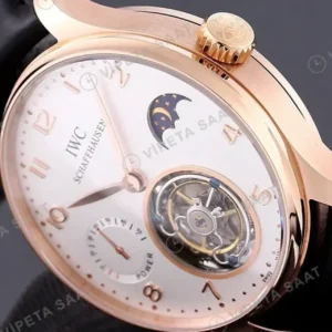 IWC Portugieser Tourbillon Moonphase Beyaz Kadran Rose Kasa Siyah Deri Kordon Super Clone ETA Saat kırp kapak