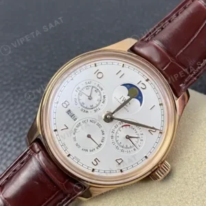 IWC GMT-Master II Portugieser Perpetual Calendar Gümüş Kadran Rose Kasa Kahverengi Deri Super Clone ETA Saat kırp kapak
