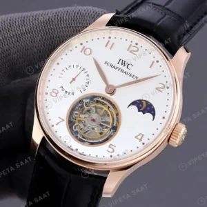 IWC GMT-Master II Portugieser Tourbillon Moonphase Gümüş Kadran Rose Kasa Siyah Deri Kordon Super Clone ETA Saat kırp kapak