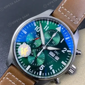 IWC Pilot Kronograf Yesil Kadran Kahverengi Deri Kordon Super Clone ETA Saat kırp kapak