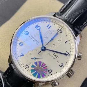 IWC Portugieser Chronograph Beyaz Kadran Celik Kasa Siyah Deri Kordon Super Clone ETA Saat kırp kapak