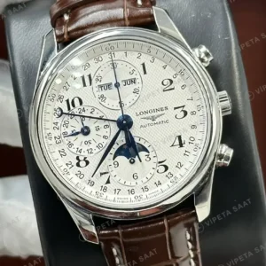 Longines Master Collection Krem Kronograf Ay Evreli Deri Super Clone ETA Saat kırp kapak
