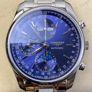 Longines Master Collection Mavi Kadran Moonphase Kronograf Celik Kordon Super Clone ETA Saat kırp kapak