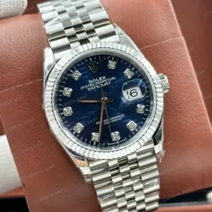 Rolex Datejust 36 mm 126234 Pırlanta İndeksli Lacivert Kadranlı Jubilee Bilezik Fluted (Yivli) Bezel 3235 Super Clone ETA Saat kırp kapak