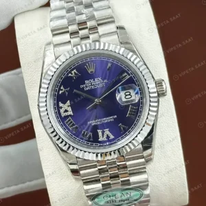 Rolex Datejust 36 mm 126234 Roma Rakamlı Mavi Kadranlı Jubilee Bilezik Fluted (Yivli) Bezel 3235 Super Clone ETA Saat kırp kapak
