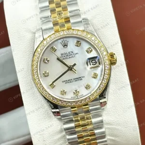 Rolex Datejust 31 mm Pırlanta İndeksli Sedef Kadranlı Yellow Rolesor Jubilee Bilezik Pırlanta Taşlı Bezel 2236 Super Clone ETA Saat kırp kapak