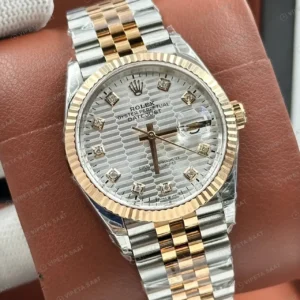 Rolex Datejust 36 mm Fluted Motif Pırlanta İndeksli Gümüş Kadranlı Everose Rolesor Jubilee Bilezik Pırlanta Taşlı Bezel 3235 Super Clone ETA Saat kırp kapak