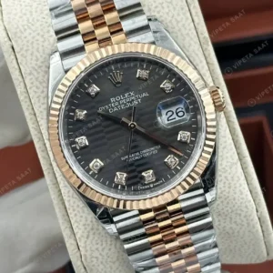 Rolex Datejust 36 mm Pırlanta İndeksli Siyah Kadranlı Everose Rolesor Jubilee Bilezik Pırlanta Taşlı Bezel 3235 Super Clone ETA Saat kırp kapak