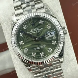 Rolex Datejust 36 mm 126234 Palm Motif Pırlanta İndeksli Yeşil Kadranlı Jubilee Bilezik Fluted (Yivli) Bezel 3235 Super Clone ETA Saat kırp kapak