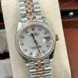 Rolex Datejust 31 mm Pırlanta İndeksli Sedef Kadranlı Everose Rolesor Jubilee Bilezik Pırlanta Taşlı Bezel 2236 Super Clone ETA Saat kırp kapak
