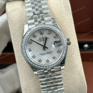 Rolex Datejust 31 mm Pırlanta İndeksli Beyaz Sedef Kadranlı Jubilee Bilezik Pırlanta Taşlı Bezel 2236 Super Clone ETA Saat kırp kapak