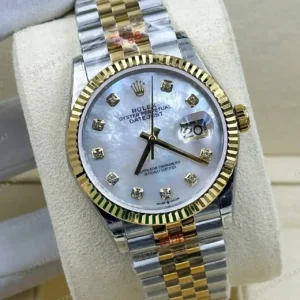 Rolex Datejust 31 mm Pırlanta İndeksli Sedef Kadranlı Yellow Rolesor Jubilee Bilezik Özel Taşlı Bezel 2236 Super Clone ETA Saat kırp kapak