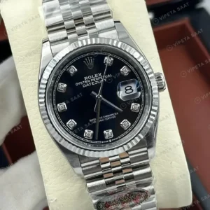 Rolex Datejust 36 mm 126234 Pırlanta İndeksli Siyah Kadranlı Jubilee Bilezik Fluted (Yivli) Bezel 3235 Super Clone ETA Saat kırp kapak