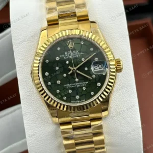 Rolex Datejust 31 mm 278278 Yeşil Kadranlı President Bilezik (Özel Varyant) Fluted (Yivli) Bezel 2236 Super Clone ETA Saat kırp kapak