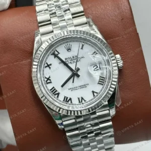Rolex Datejust 36 mm 126234 Roma Rakamlı Beyaz Kadranlı Oyster Bilezik Fluted (Yivli) Bezel 3235 Super Clone ETA Saat kırp kapak