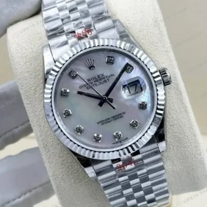 Rolex Datejust 31 mm Pırlanta İndeksli Mavi Sedef Kadranlı Jubilee Bilezik Pırlanta Taşlı Bezel 2236 Super Clone ETA Saat kırp kapak