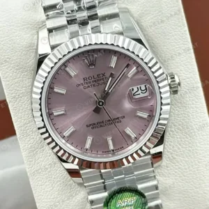 Rolex Datejust 31 mm 278274 Pırlanta İndeksli Pembe Kadranlı Jubilee Bilezik Fluted (Yivli) Bezel 2236 Super Clone ETA Saat kırp kapak