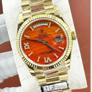 Rolex Datejust 36 mm Turuncu Kadranlı Sarı Altın Görünümlü Özel President Bilezik (Özel Varyant) Pırlanta Taşlı Bezel 3235 Super Clone ETA Saat kırp kapak