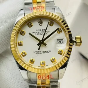 Rolex Datejust 31 mm Beyaz Kadranlı Yellow Rolesor Oyster Bilezik Pırlanta Taşlı Bezel 2236 Super Clone ETA Saat kırp kapak