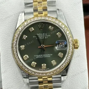 Rolex Datejust 31 mm Pırlanta İndeksli Mint Yeşil Kadranlı Yellow Rolesor Jubilee Bilezik Pırlanta Taşlı Bezel 2236 Super Clone ETA Saat kırp kapak