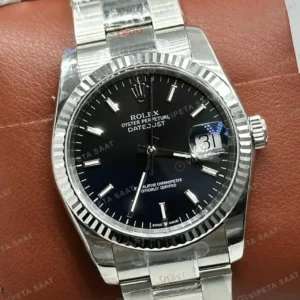 Rolex Datejust 36 mm 126234 Siyah Kadranlı Oyster Bilezik Fluted (Yivli) Bezel 3235 Super Clone ETA Saat kırp kapak