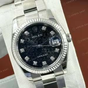 Rolex Datejust 36 mm 126200 Pırlanta İndeksli Siyah Kadranlı Oyster Bilezik Smooth / Domed (Düz) Bezel 3235 Super Clone ETA Saat kırp kapak