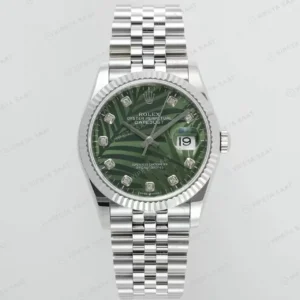 Rolex Datejust 36 mm 126200 Palm Motif Baget İndeksli Yeşil Kadranlı Jubilee Bilezik Smooth / Domed (Düz) Bezel 3235 Super Clone ETA Saat kırp kapak