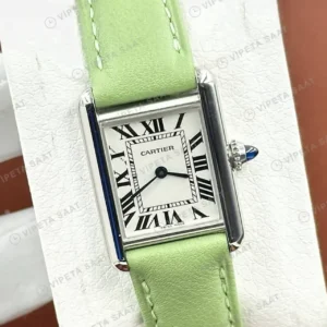 Cartier Tank 33.7 mm WSTA0041 Beyaz Kadran Yesil Deri Super Clone ETA Saat kırp kapak