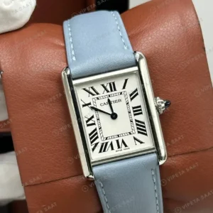 Cartier Tank 33.7 mm WSTA0041 Beyaz Kadran Mavi Deri Super Clone ETA Saat kırp kapak